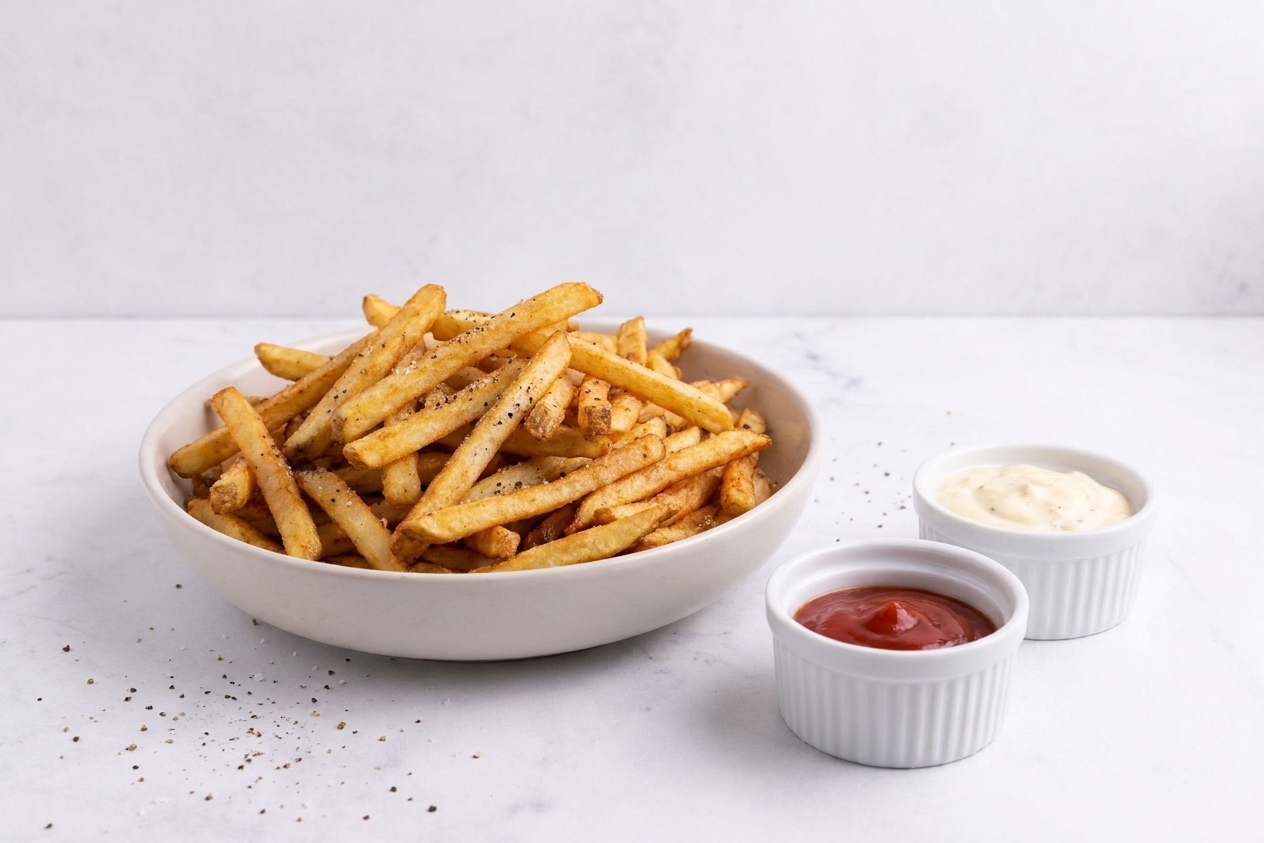 A serving bowl of crispy French fries on a table with two small ramekins of dipping sauce beside it