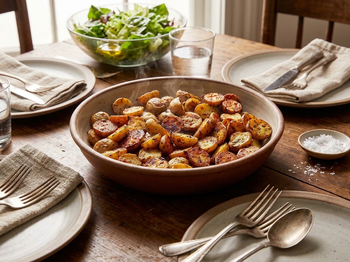 A serving bowl of crispy roasted potatoes on a dinner table set with plates, linen napkins, and a simple green salad in the background