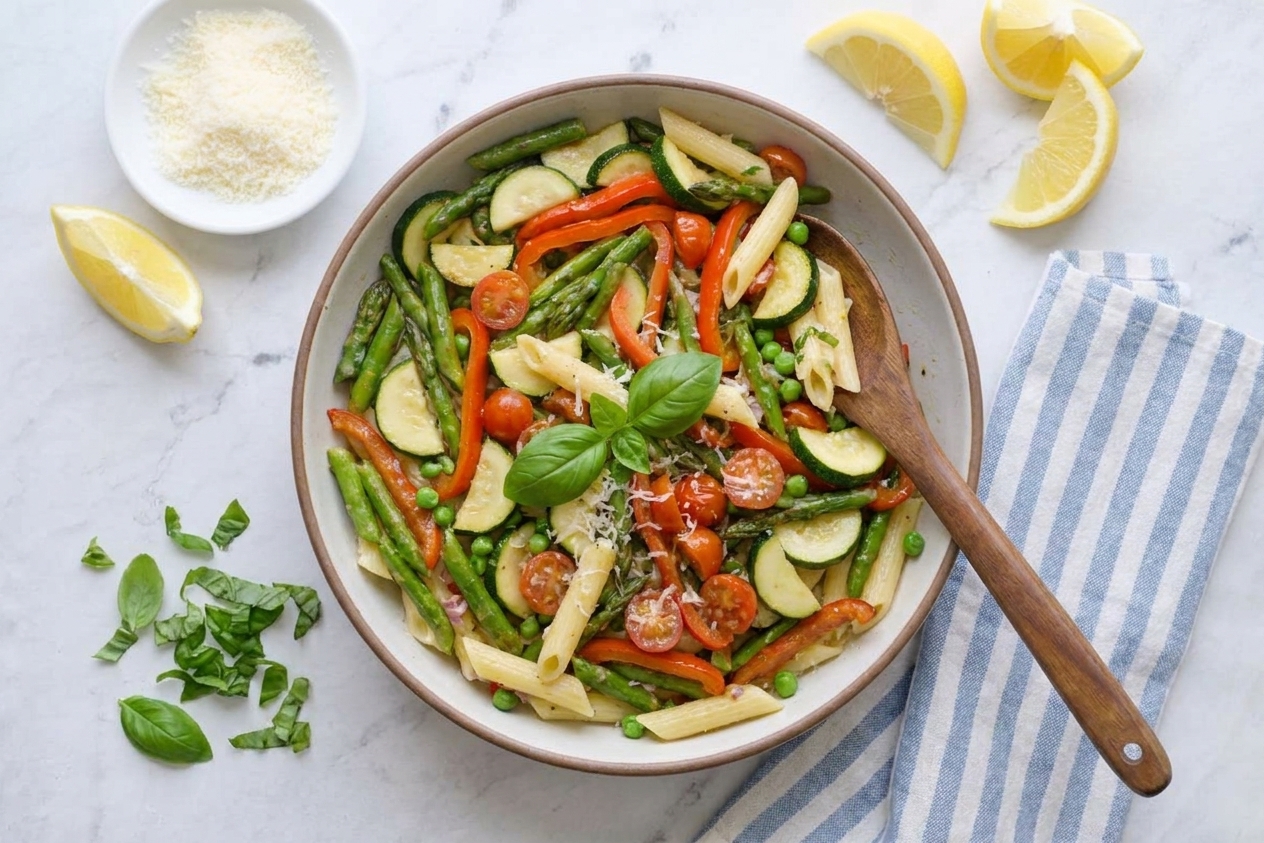 A serving bowl of pasta primavera on a dinner table with a small bowl of grated Parmesan, lemon wedges, and torn basil nearby