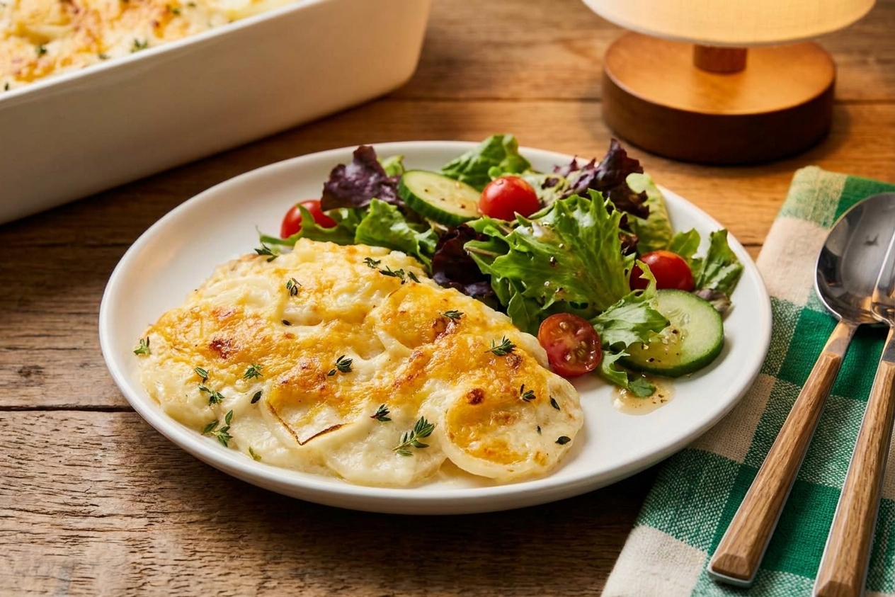 A serving of cheesy potato casserole on a dinner plate with a simple green salad, set on a warmly lit table
