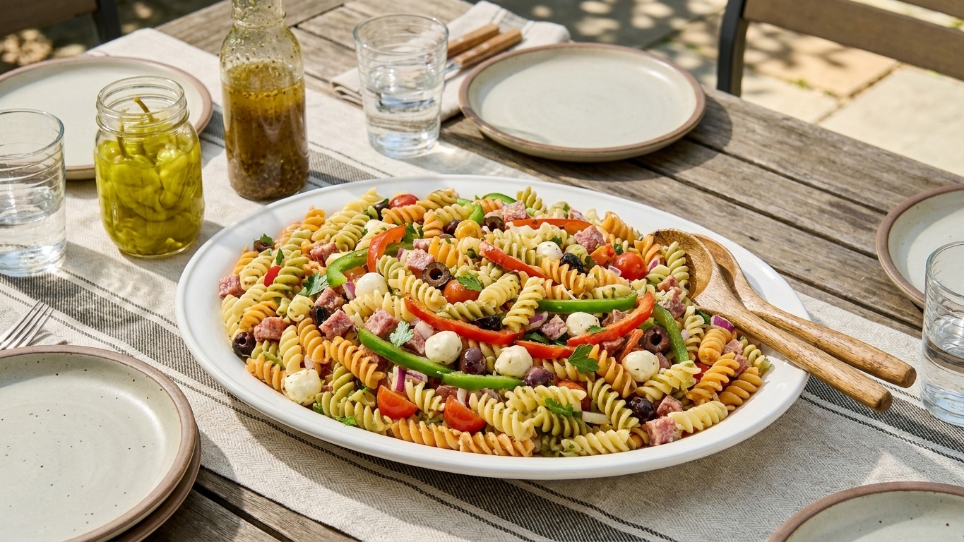 A serving platter of Italian dressing pasta salad on a casual outdoor table setting with plates and glasses