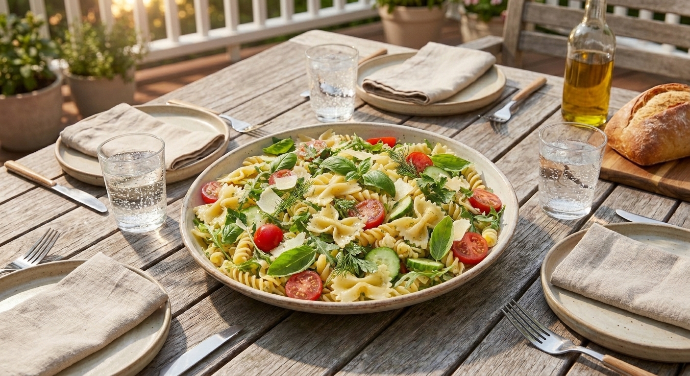 A serving platter of fresh pasta salad on an outdoor table set with plates, linen napkins, and sparkling water glasses in soft evening light