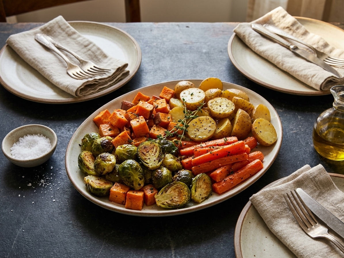 A serving platter of roasted vegetables set on a dinner table with plates and linen napkins