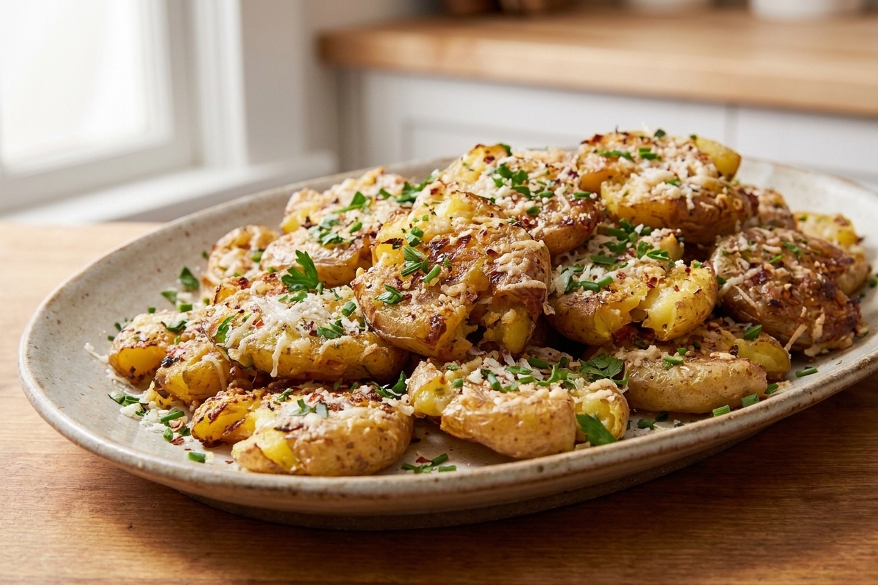 A serving platter piled with crispy Parmesan smashed potatoes garnished with chopped herbs