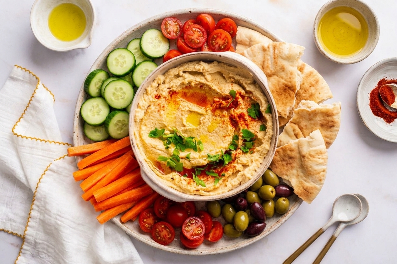 A serving platter with a bowl of hummus surrounded by torn pita, sliced cucumbers, carrot sticks, cherry tomatoes, and olives