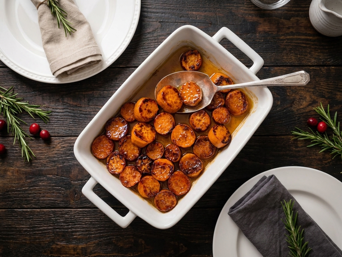 A serving spoon scooping glossy candied sweet potato chunks from a baking dish on a holiday dinner table with plates and linen napkins
