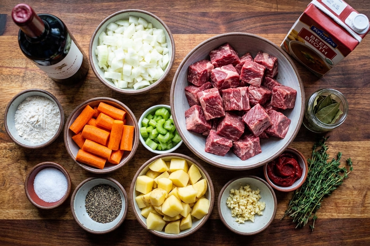 A set of beef stew ingredients arranged on a kitchen counter: cubed chuck roast, onions, carrots, celery, Yukon Gold potatoes, garlic, tomato paste, beef broth, red wine, bay leaves, thyme, flour, salt, and black pepper in small bowls