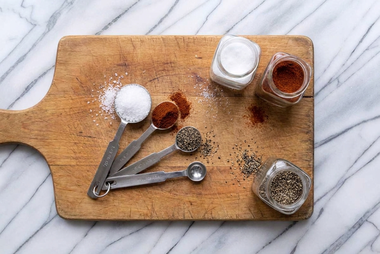 A set of measuring spoons filled with salt, paprika, and black pepper resting on a wooden cutting board beside small spice jars