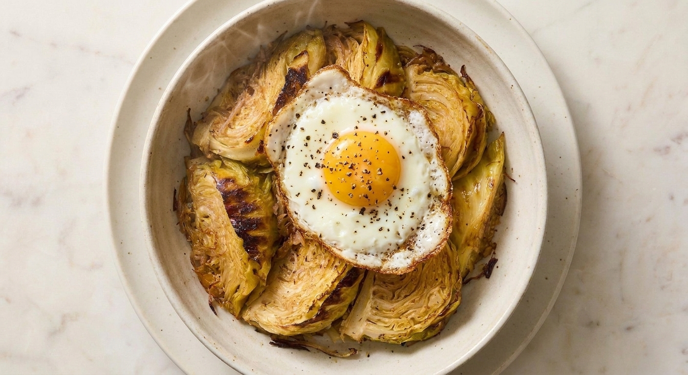 A shallow bowl of caramelized cabbage topped with a fried egg and cracked black pepper on a simple ceramic plate