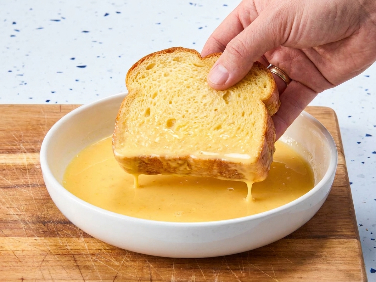 A shallow bowl of egg custard with a slice of bread being dipped in, held by a cook's hand over a cutting board