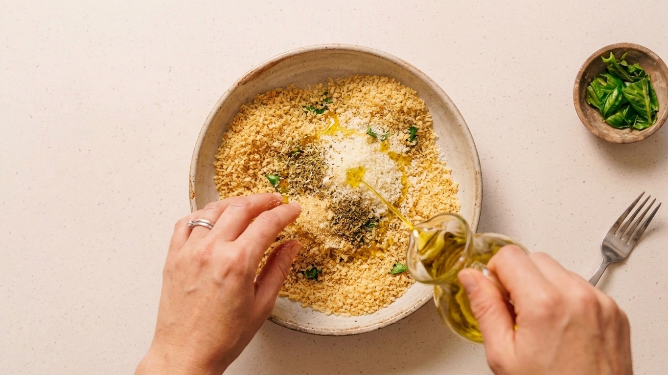 A shallow bowl of panko mixed with grated Parmesan and seasonings, with a hand tossing the crumbs to distribute olive oil