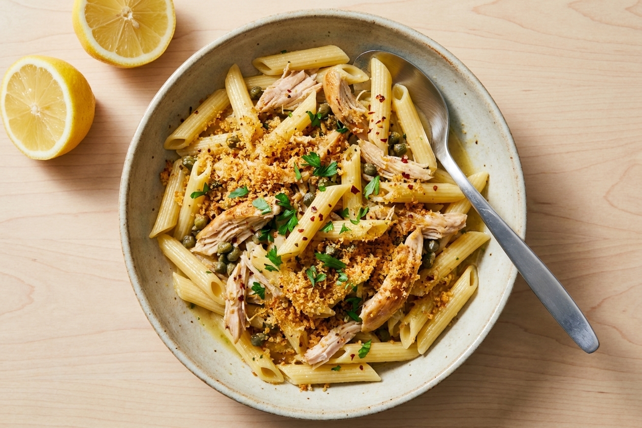A shallow bowl of pasta tossed with chicken, capers, and toasted breadcrumbs, with lemon halves on the table