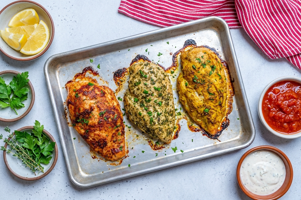 A sheet pan holding baked chicken breasts seasoned in different spice blends, with small bowls of lemon wedges, herbs, and sauces nearby
