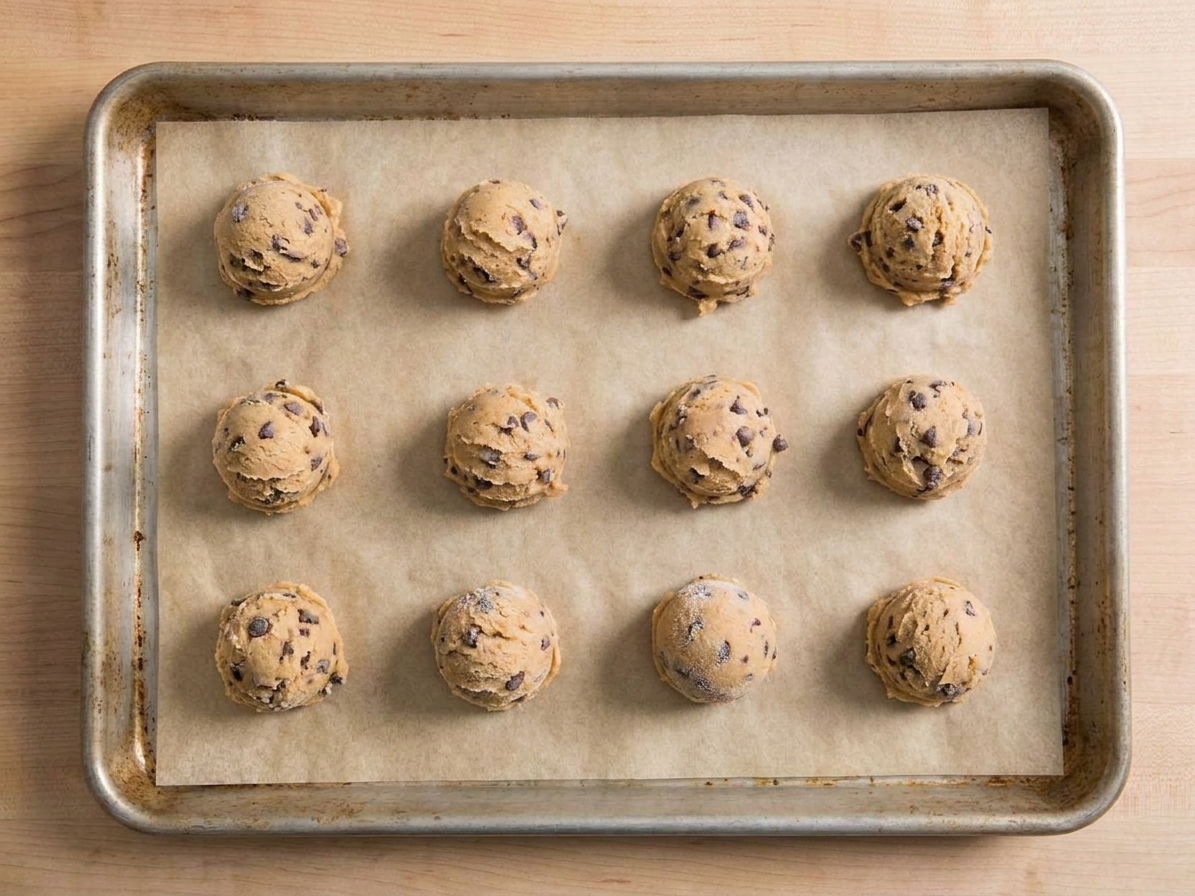 A sheet pan holding evenly spaced frozen balls of chocolate chip cookie dough on parchment paper
