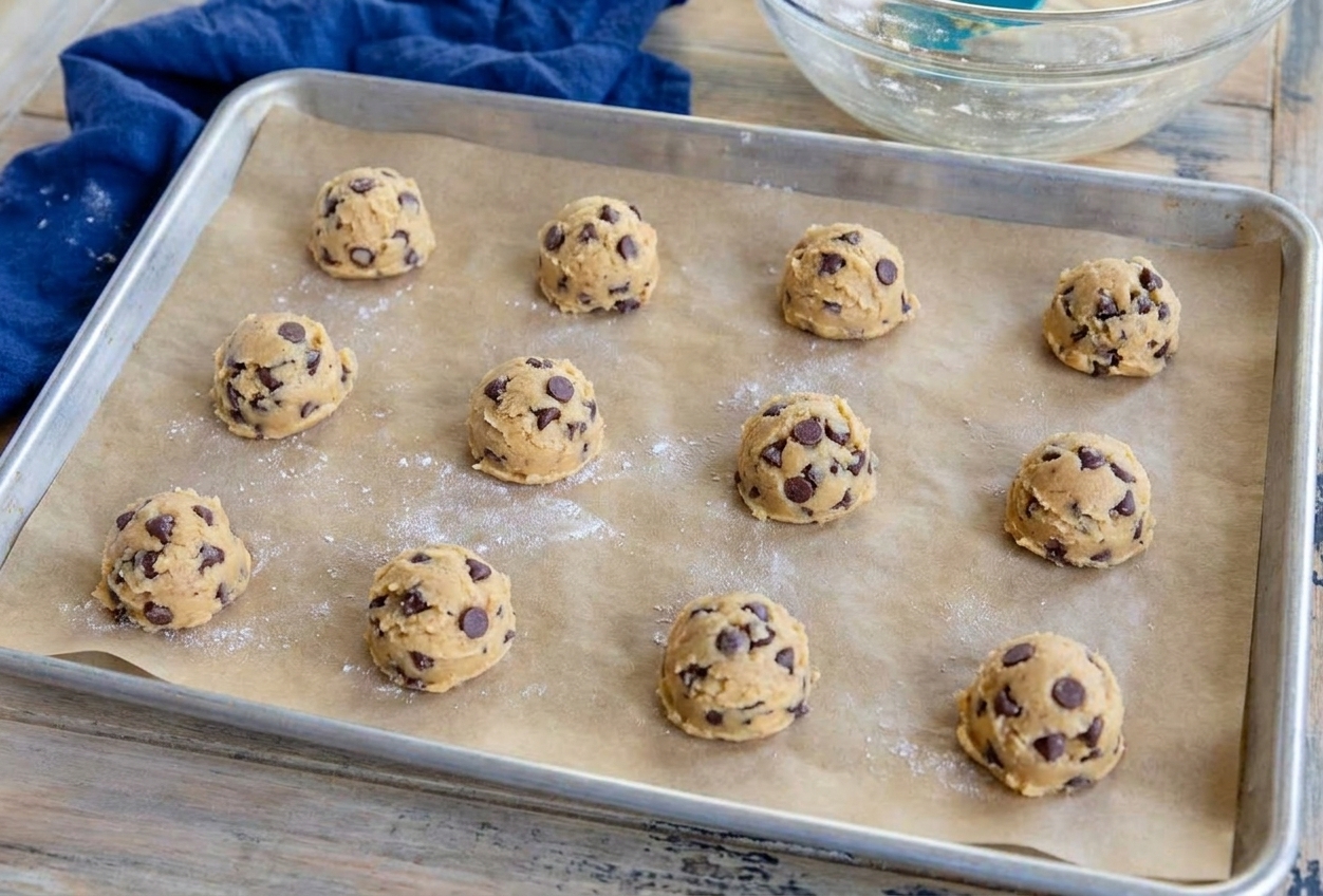 A sheet pan lined with parchment paper holding evenly spaced scoops of cookie dough ready to bake
