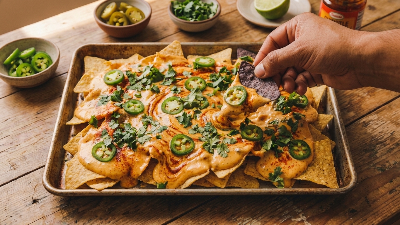 A sheet pan of nachos topped with smoky spicy cheese sauce, jalapeños, and cilantro on a wooden table