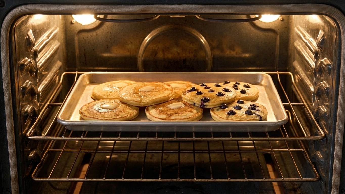 A sheet pan with pancakes warming in an oven, ready for a quick reheat before serving
