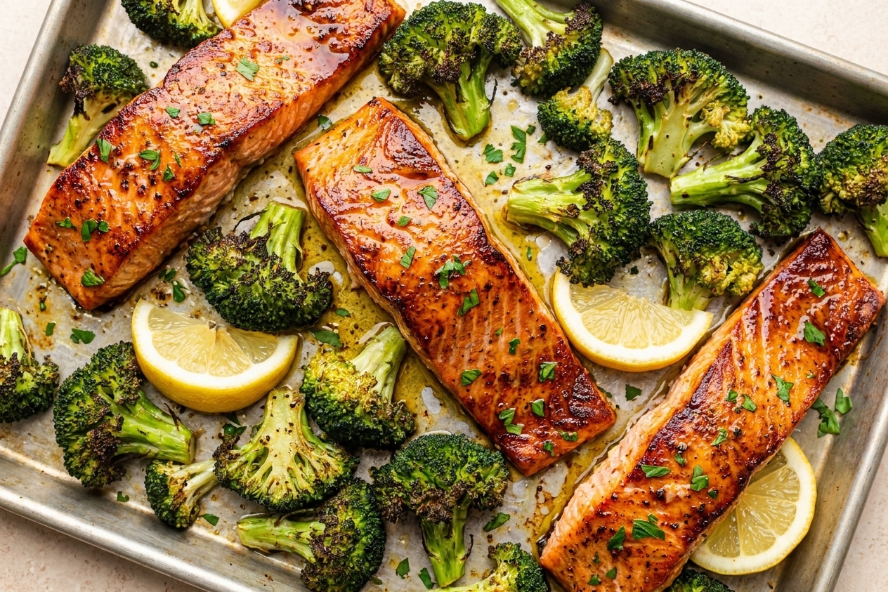 A sheet pan with roasted salmon fillets and broccoli, lightly charred and glossy with olive oil, beside lemon wedges