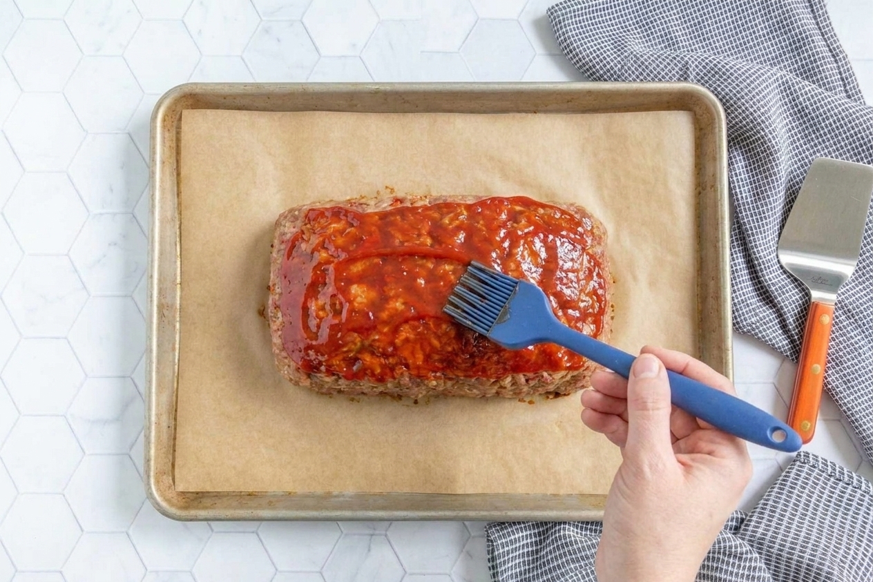 A silicone brush spreading shiny ketchup glaze over a partially baked meatloaf on a sheet pan