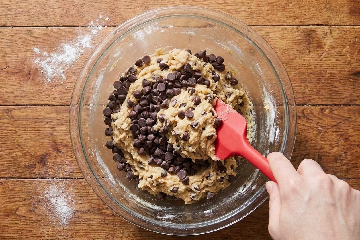 A silicone spatula folding chocolate chips into thick cookie dough in a glass mixing bowl