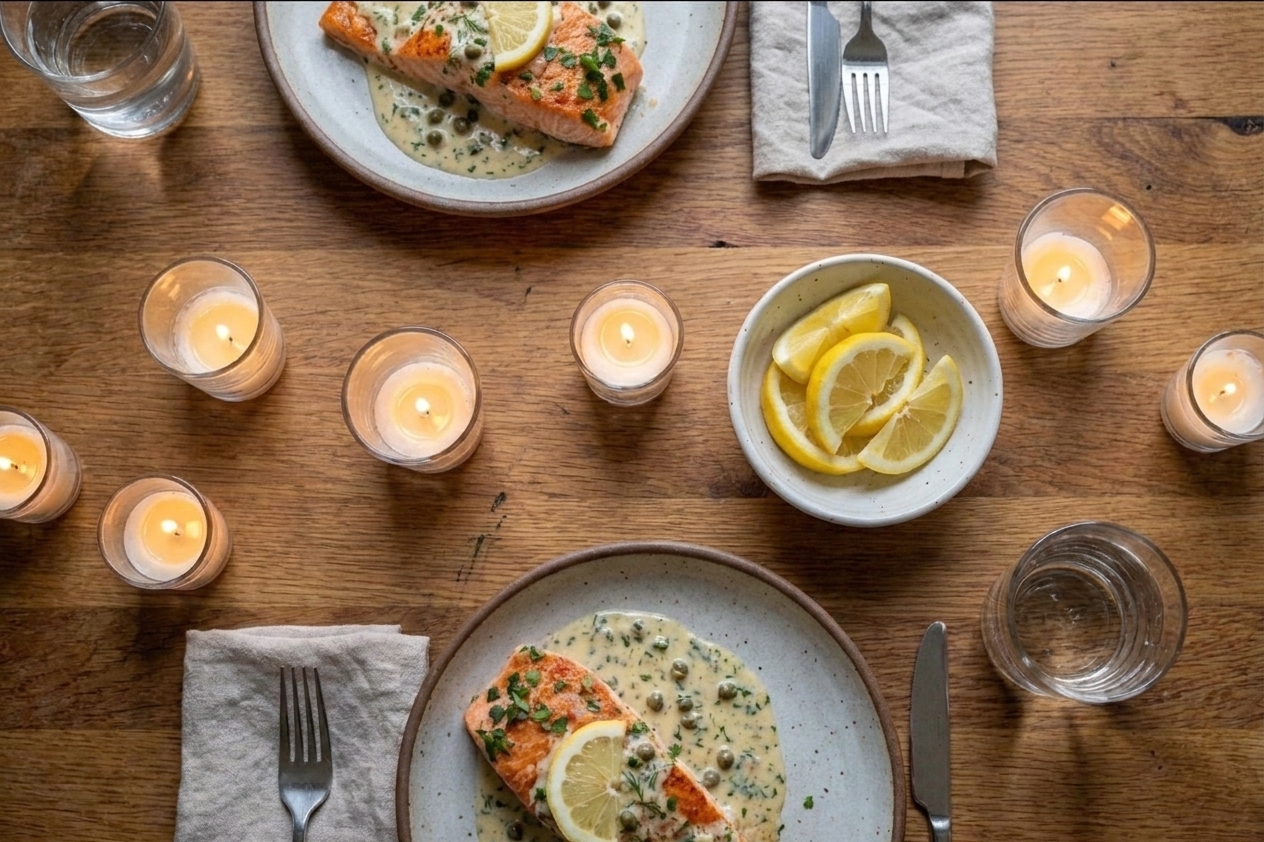 A simple dinner table set with plates of salmon in creamy sauce, a bowl of lemon wedges, and small candles for a cozy evening