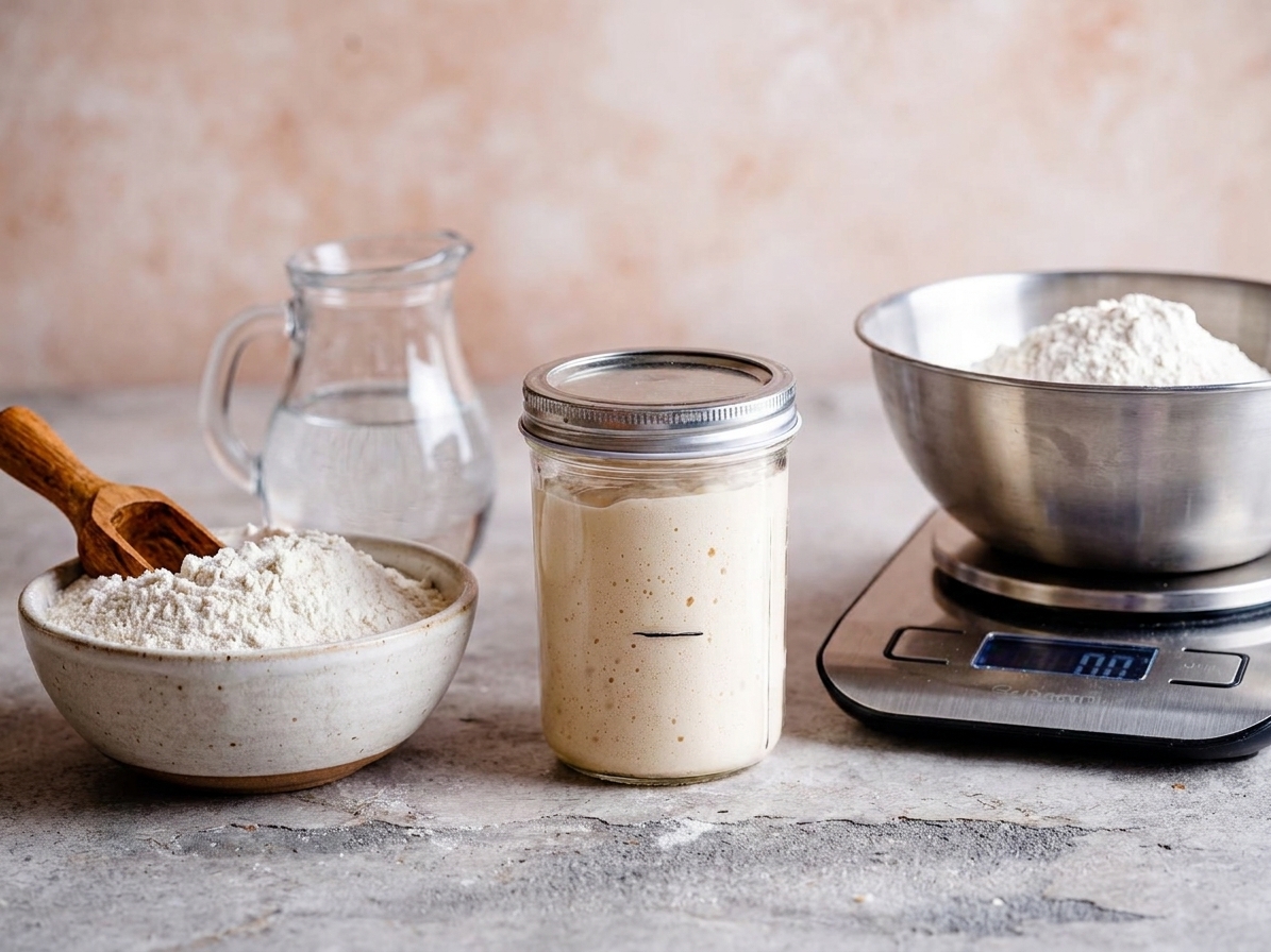 A simple sourdough starter setup with a glass jar, a bowl of flour, a small pitcher of water, and a digital kitchen scale on a countertop