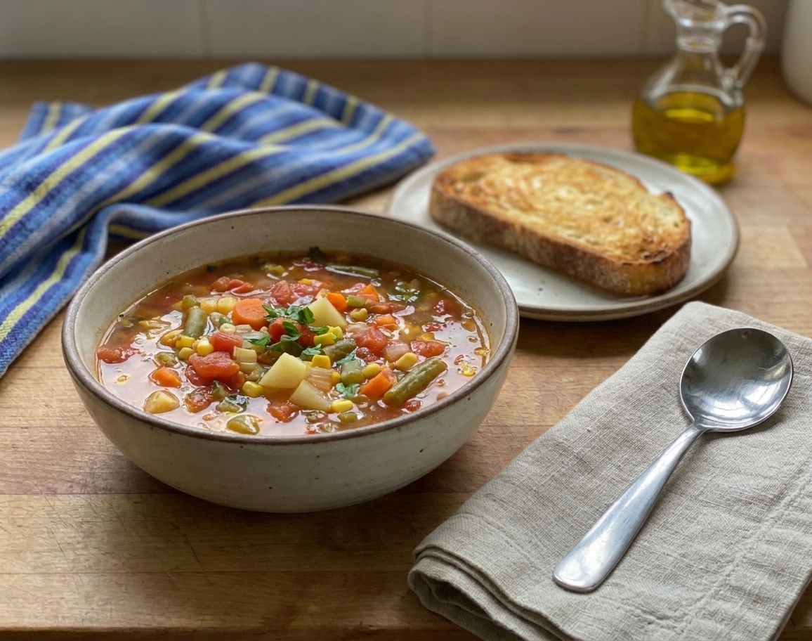 A simple table setting with a bowl of vegetable soup, a slice of toasted bread on a small plate, and a linen napkin beside a spoon