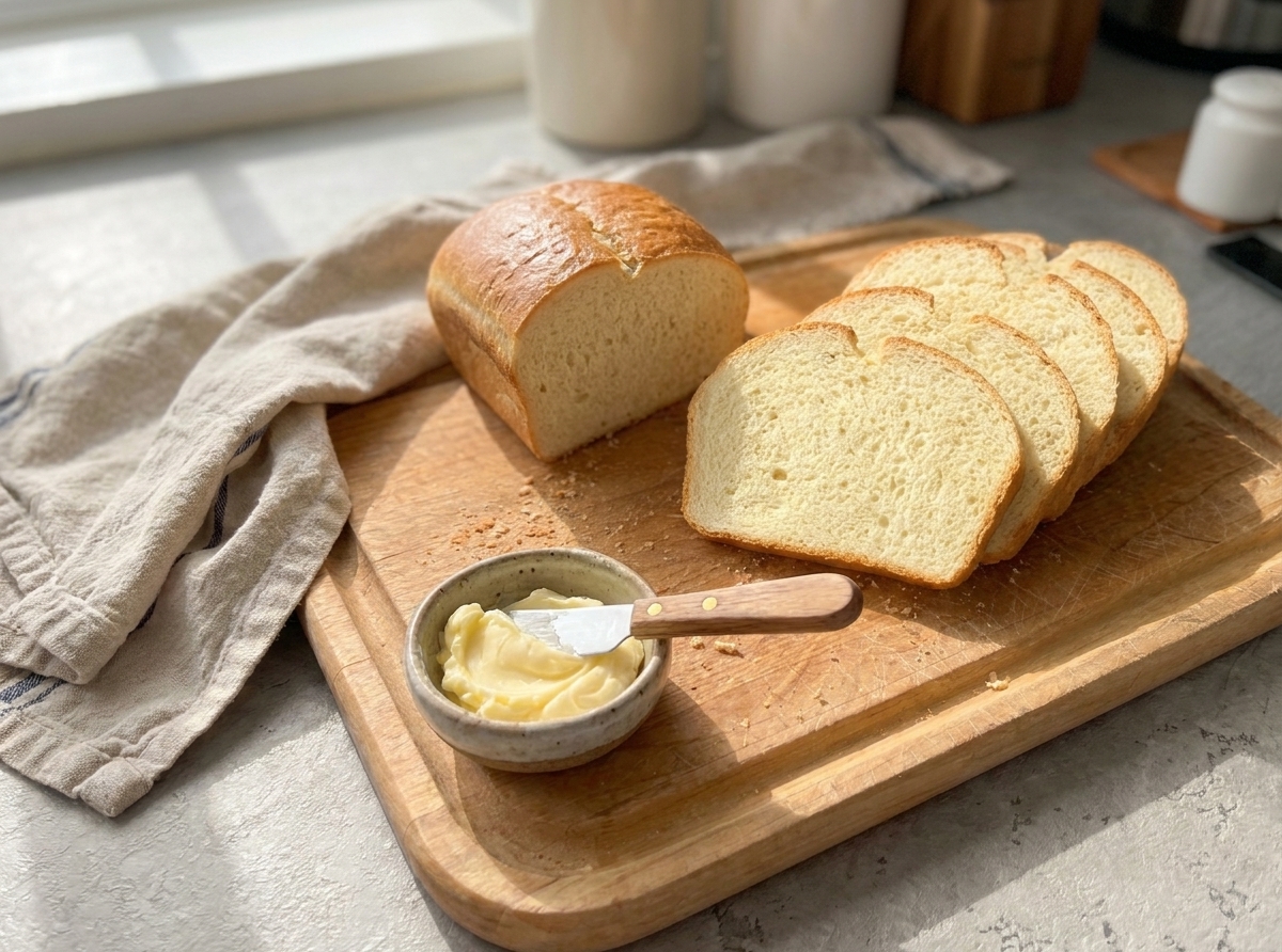 A simple table setting with sliced homemade bread on a wooden board, a small dish of butter, and a linen napkin in soft natural light