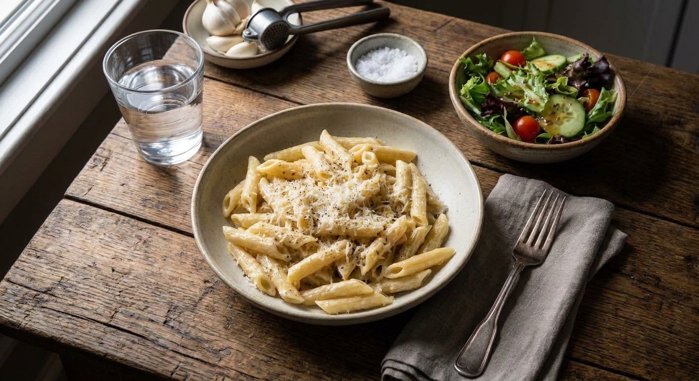 A simple weeknight table setting with a bowl of creamy garlic pasta, a glass of water, and a small green salad on the side