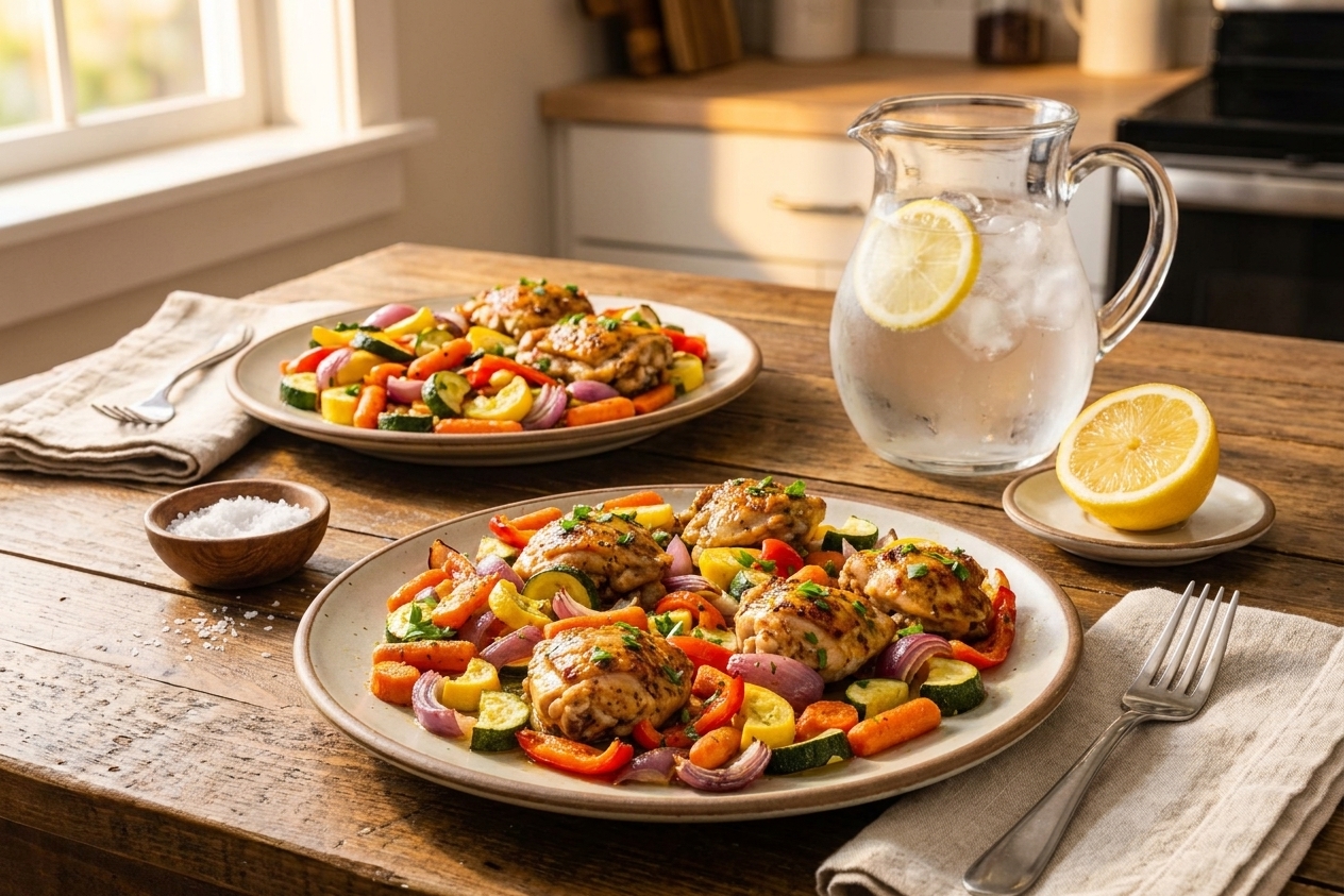 A simple weeknight table setting with two plates of one-pan roasted chicken and vegetables, a lemon half, and a pitcher of water in warm evening light