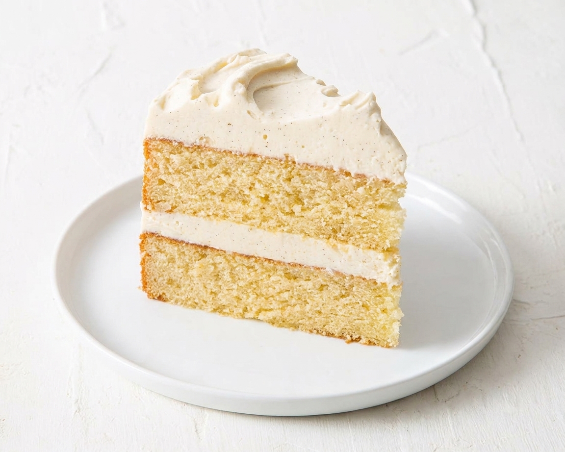 A single slice of vanilla layer cake on a dessert plate, showing a tender crumb and thick vanilla buttercream