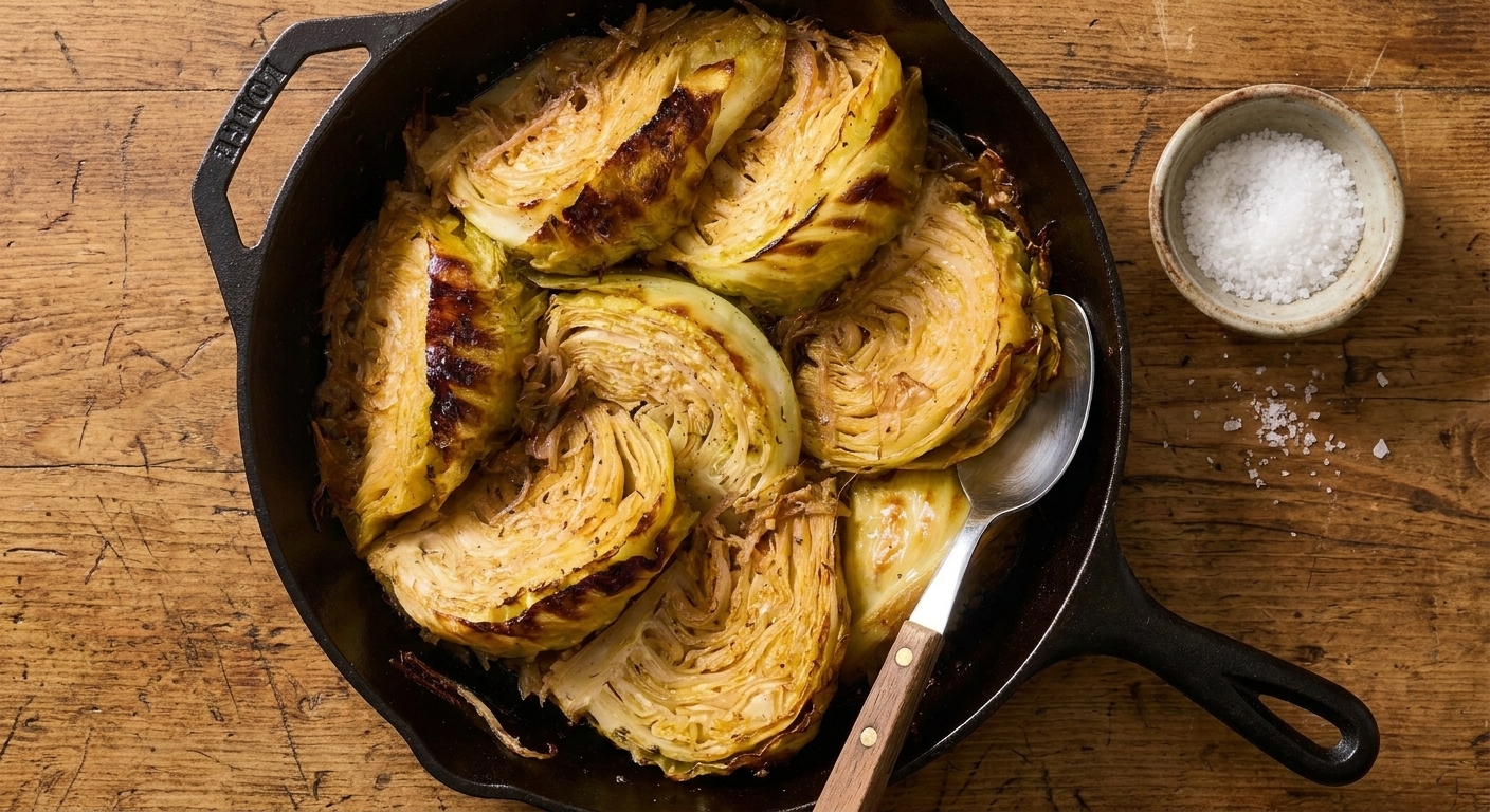 A skillet of caramelized cabbage set on a wooden table with a serving spoon and a small bowl of flaky salt nearby