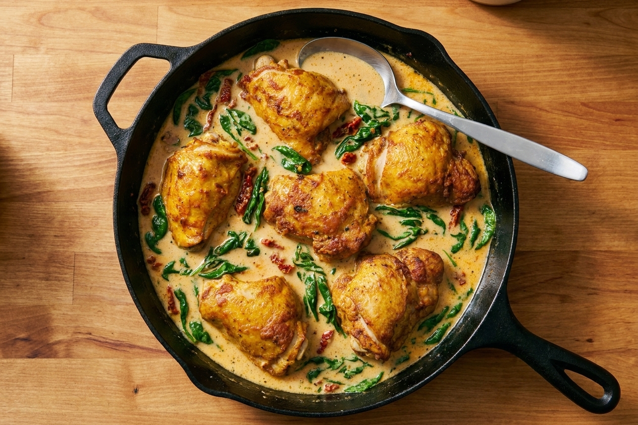A skillet of creamy chicken in a pale orange sauce with wilted spinach and bits of sun-dried tomato