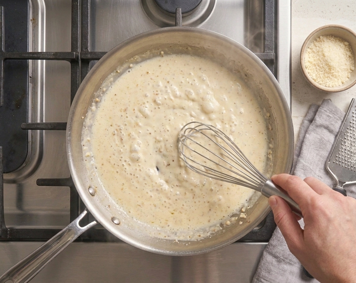 A skillet of creamy parmesan sauce being whisked on a stovetop with gentle steam rising