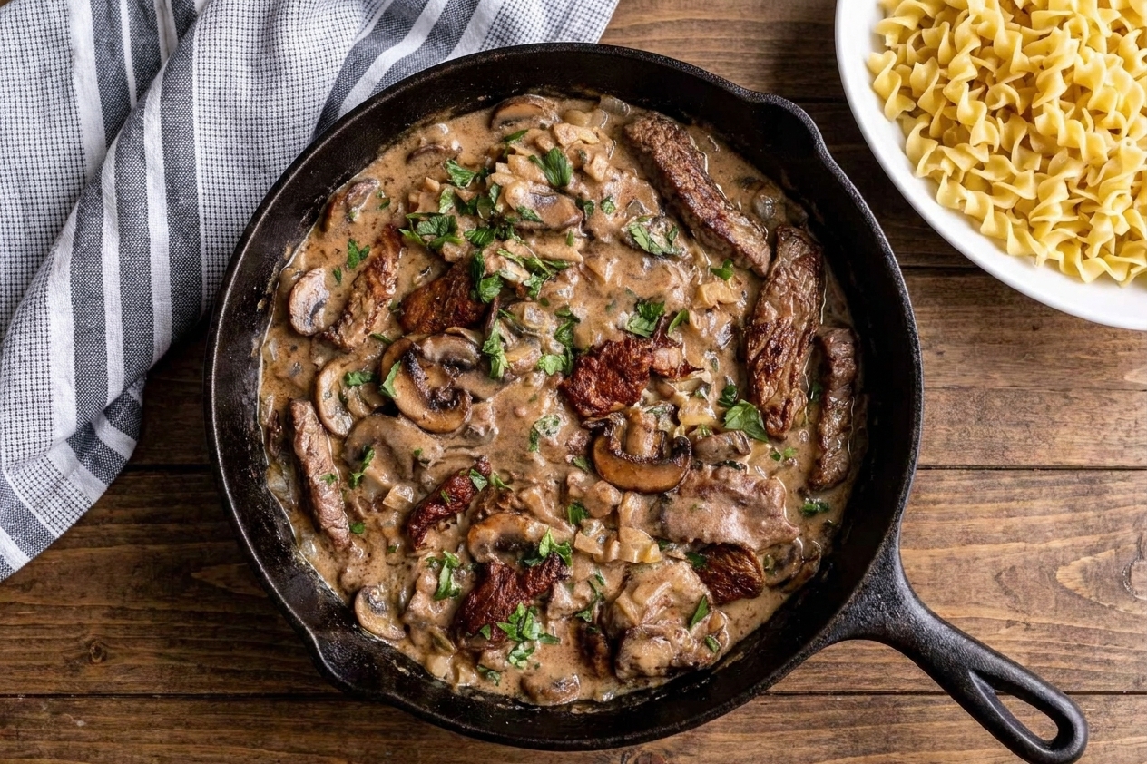 A skillet of finished steak stroganoff with sliced mushrooms in a creamy sauce, ready to be tossed with noodles