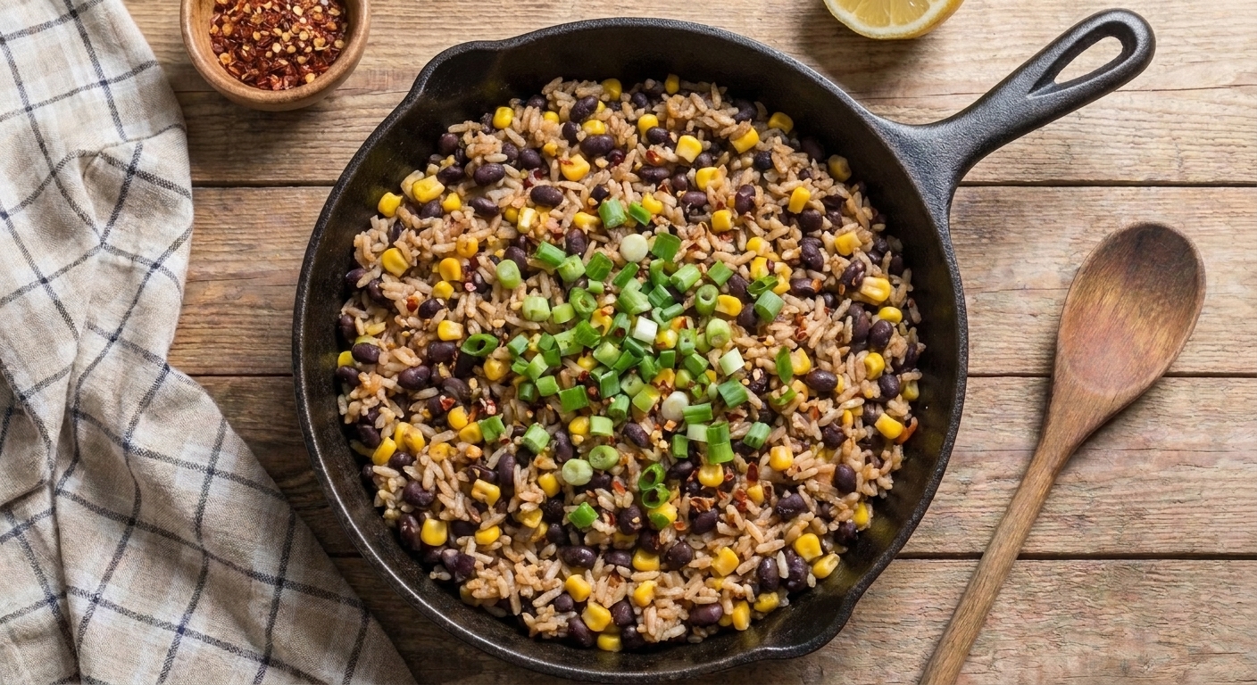 A skillet of rice and beans with corn and spices, topped with chopped green onions