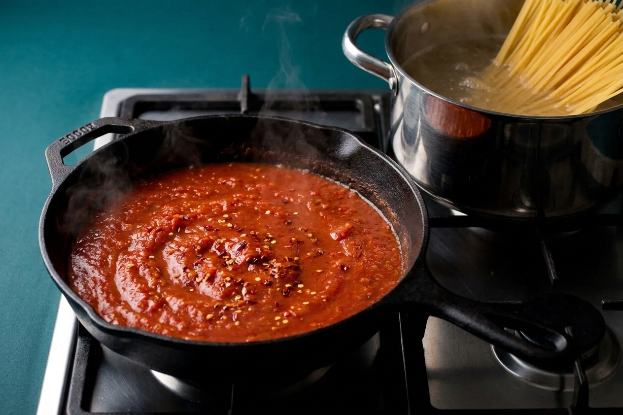 A skillet of simmering tomato sauce with visible chili flakes next to a pot of spaghetti on a home stove
