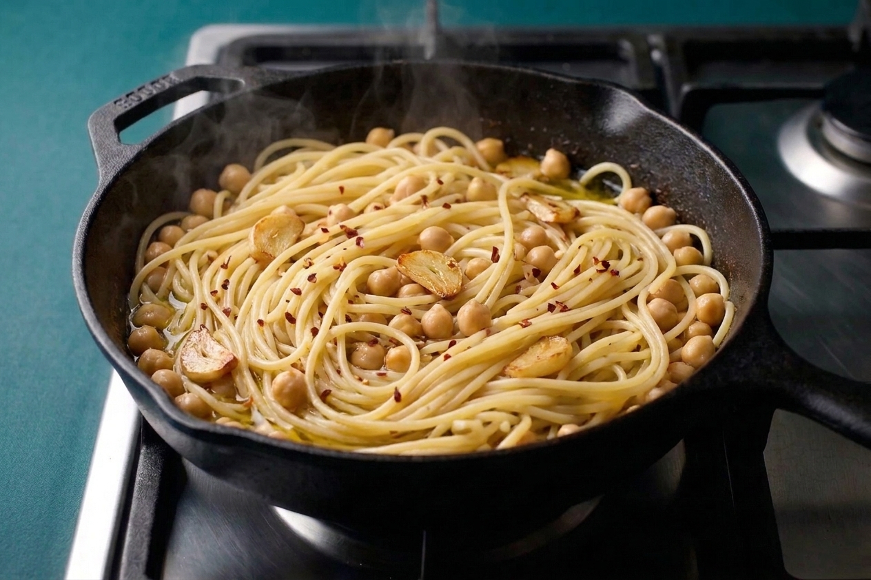 A skillet of spaghetti tossed with chickpeas, garlic, and olive oil with chili flakes visible