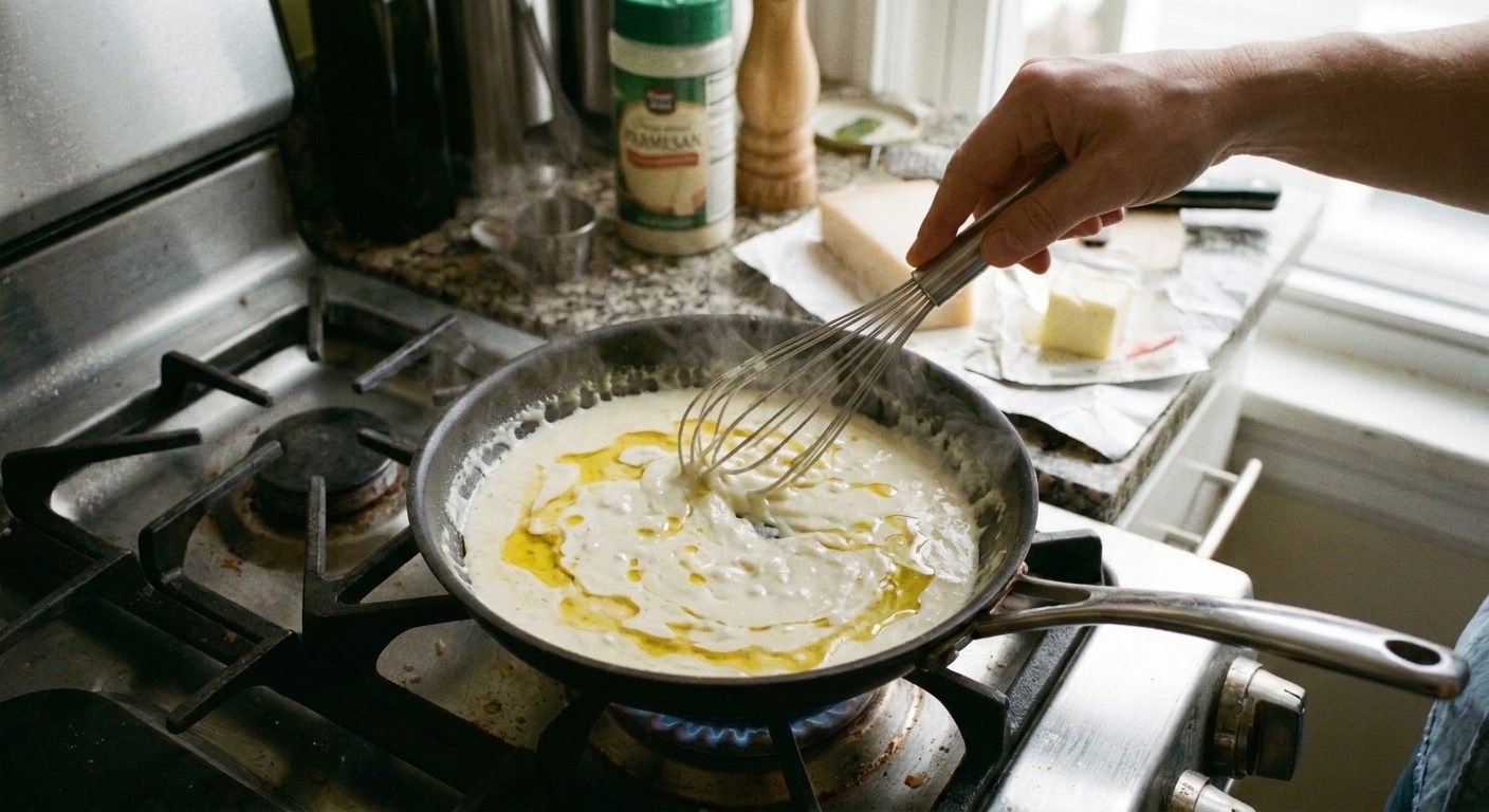 A skillet with creamy sauce showing slight oil separation on top while a whisk is poised to mix it back together