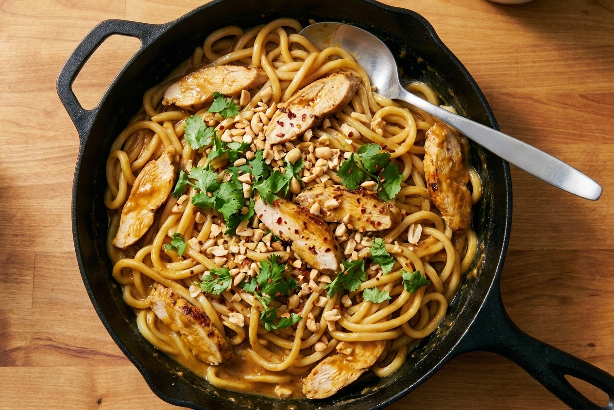 A skillet with glossy peanut sauce noodles and sliced chicken, topped with crushed peanuts