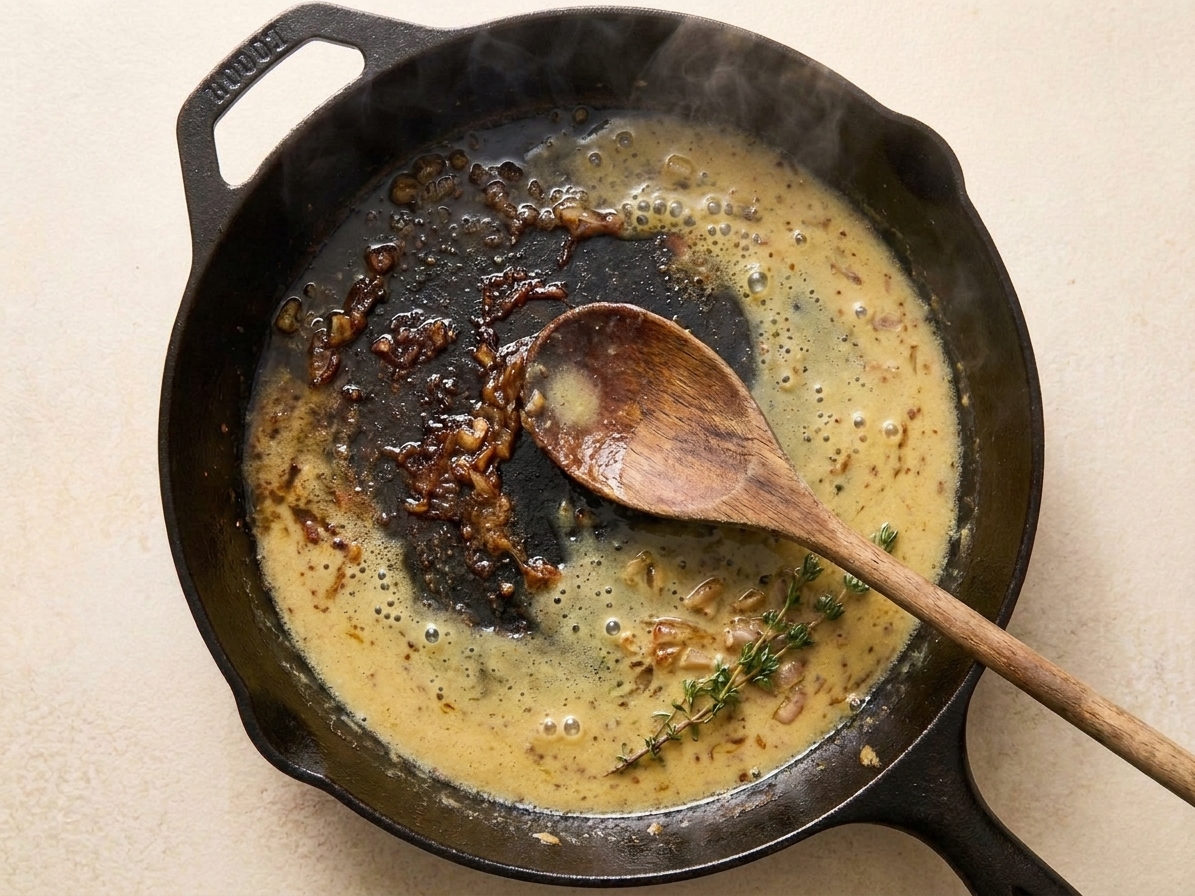 A skillet with pork chop fond being scraped with a wooden spoon as a light mustard sauce simmers and turns glossy
