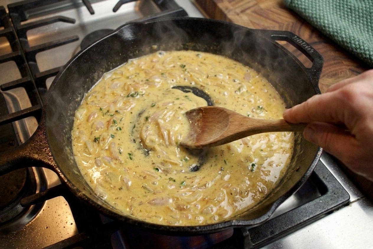 A skillet with shallots and a simmering Dijon pan sauce being stirred with a wooden spoon