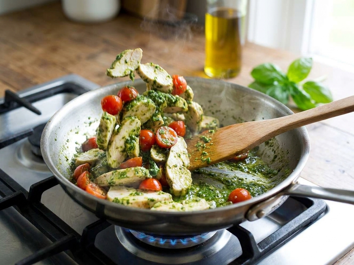 A skillet with sliced chicken and cherry tomatoes being tossed with basil pesto on a stovetop