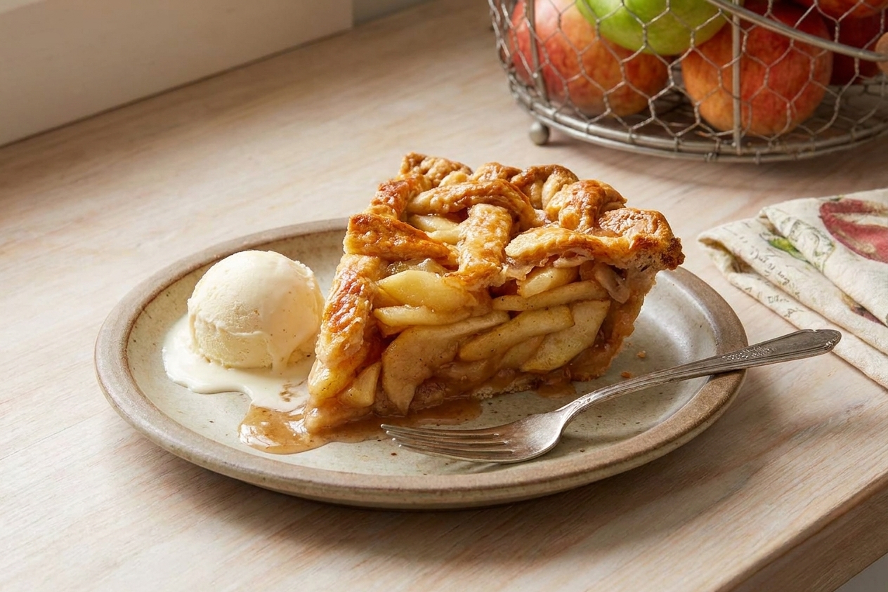 A slice of apple pie on a dessert plate with a scoop of vanilla ice cream melting slightly beside it on a wooden table