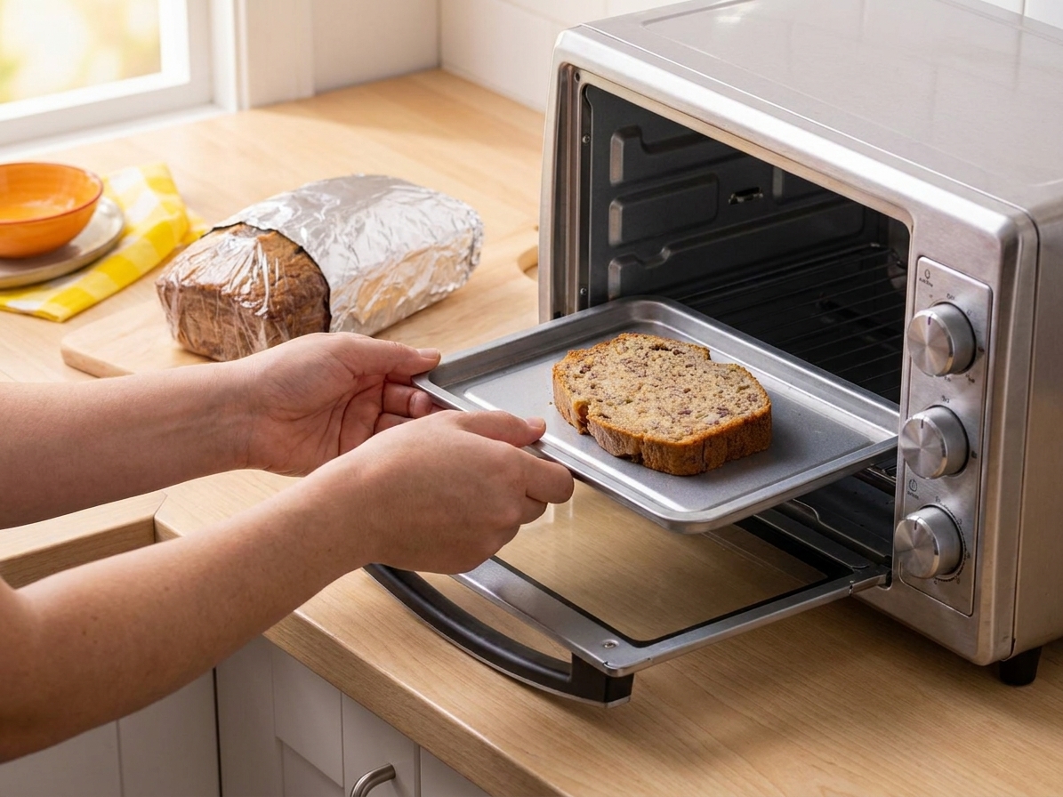 A slice of banana bread being placed into a toaster oven on a small tray, with the remaining wrapped loaf in the background on a kitchen counter
