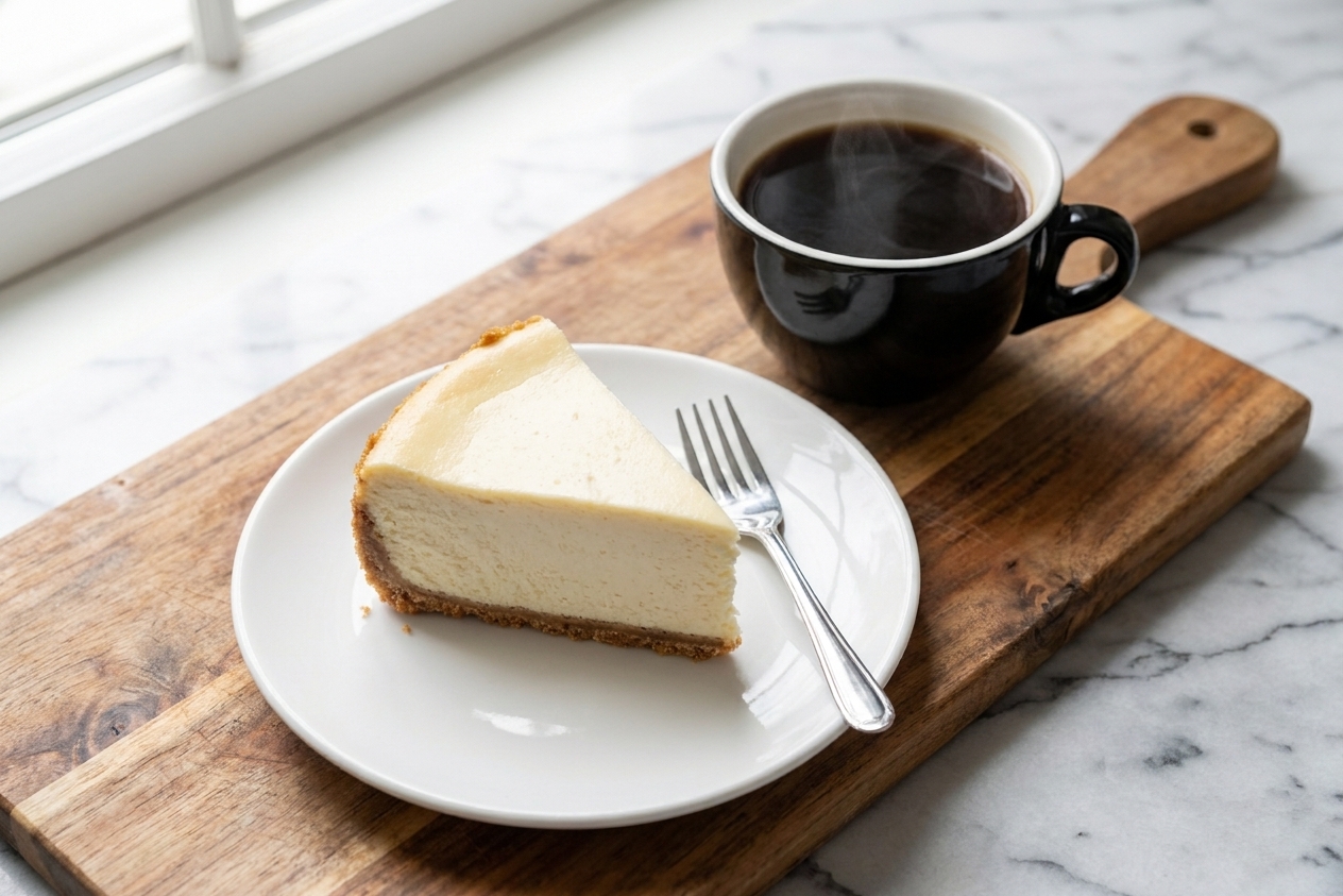 A slice of cheesecake on a dessert plate beside a cup of black coffee on a simple table setting