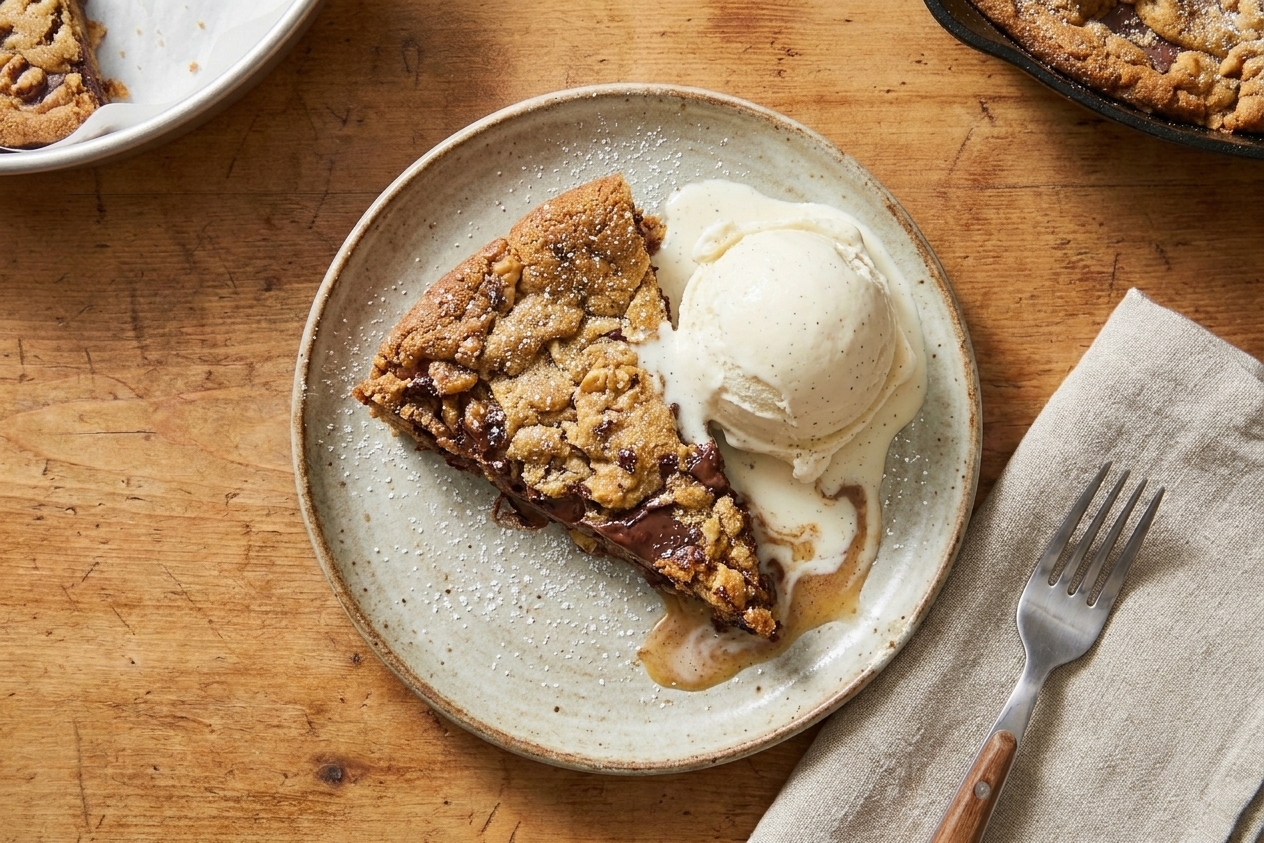 A slice of spiced chocolate chip cookie cake on a plate with a scoop of vanilla ice cream melting slightly alongside