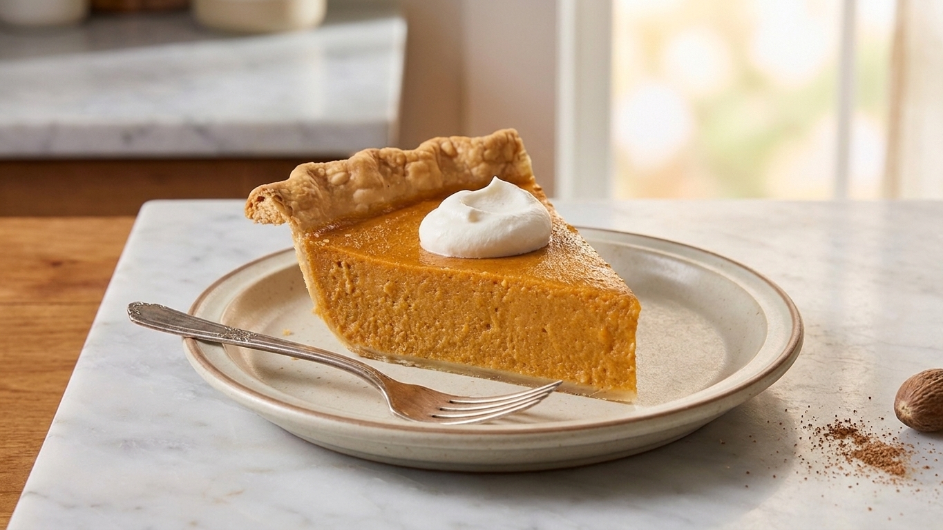 A slice of sweet potato pie topped with a small dollop of softly whipped cream on a dessert plate