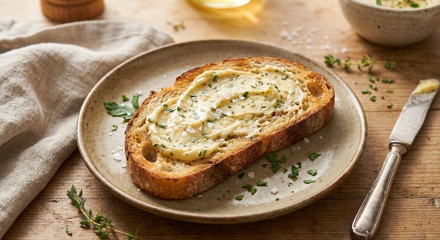A slice of toasted sourdough spread with chicken herb butter, sprinkled with flaky salt, on a simple plate on a kitchen table