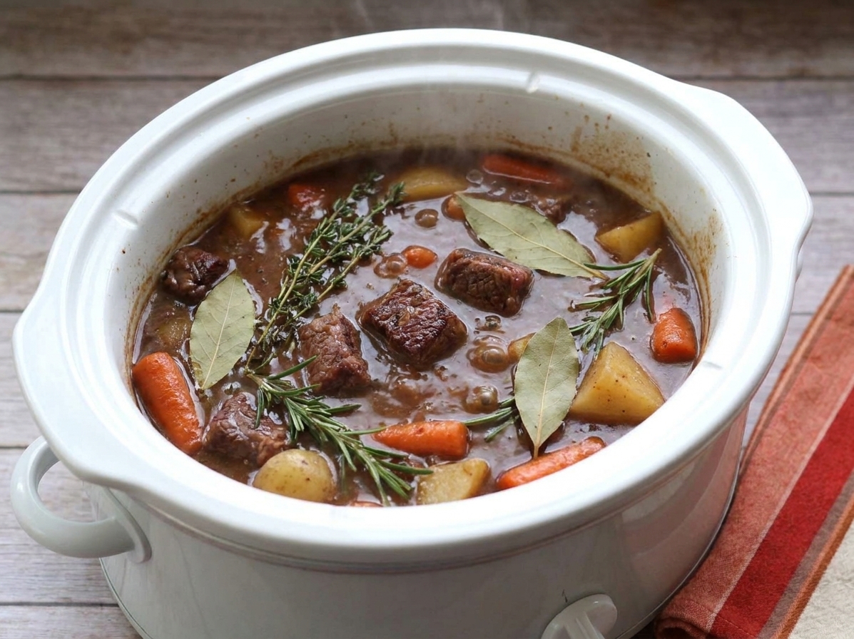 A slow cooker filled with beef stew mid-cook, showing carrots and potatoes in a rich brown broth with bay leaves visible